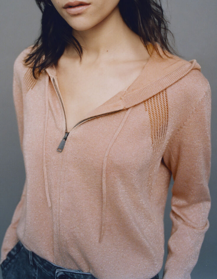 Cardigan beige rosé tricot pailleté à capuche Femme-1 Cardigan beige rosé tricot pailleté à capuche Femme-1
