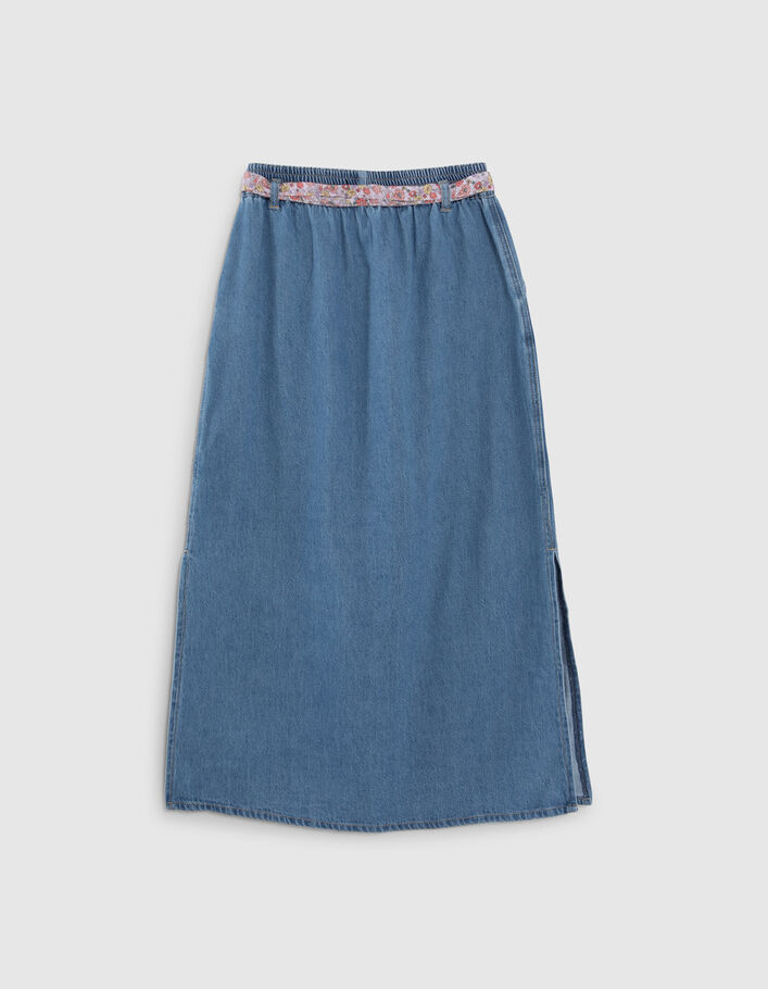 Girls’ blue denim long skirt with flower power belt - IKKS