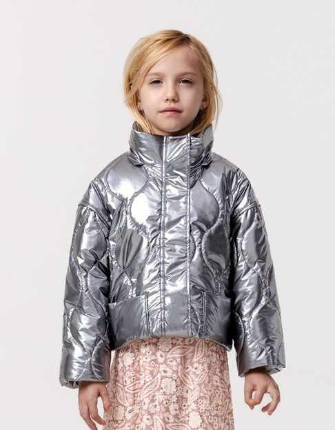 Graue Mädchensteppjacke, Metallic-Nylon, abnehmbare Kapuze - IKKS