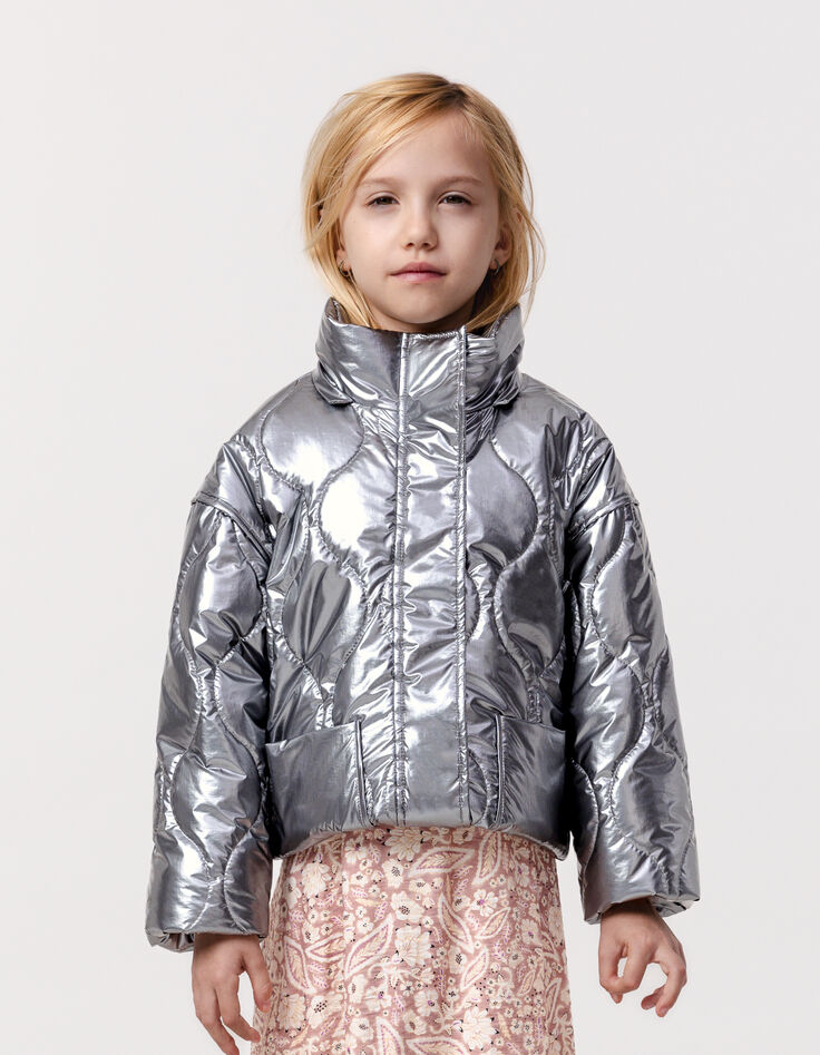 Grey metallic padded jacket with removable hood for girl-3
