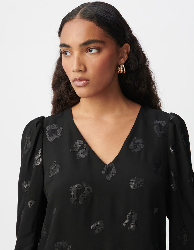 Vestido cruzado negro con estampado de leopardo y lentejuelas bordadas para mujer-4