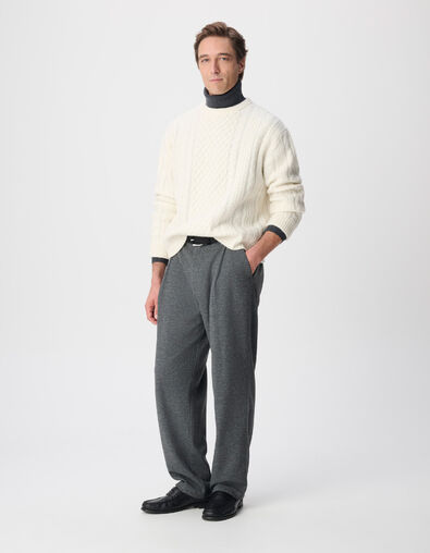 Men's White Crew-Neck Sweater with Cable Knit Pattern - IKKS