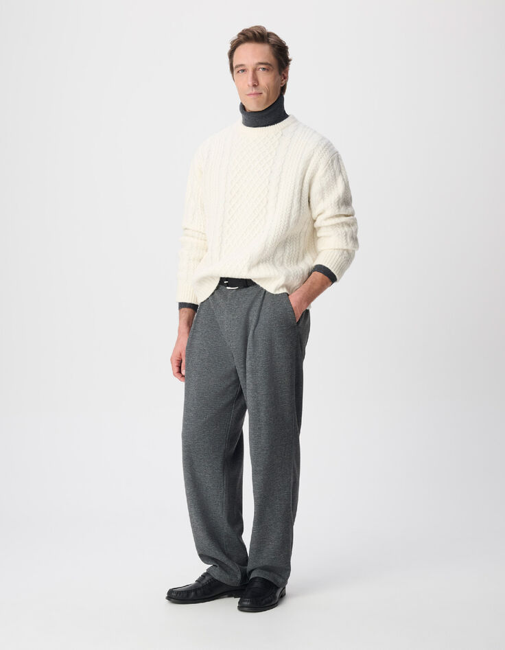 Men's White Crew-Neck Sweater with Cable Knit Pattern-1