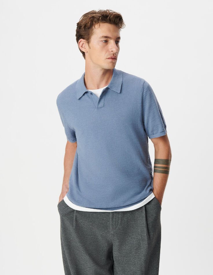 Blaues geflammtes Baumwoll-Poloshirt mit kurzen &Auml;rmeln-2