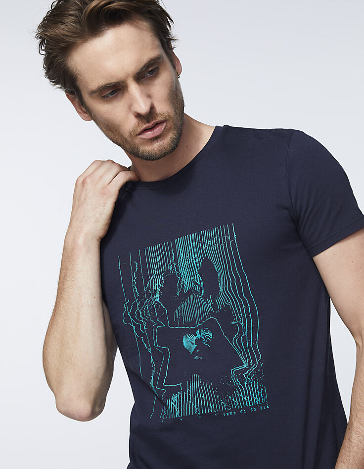 Dunkelblaues Herren-T-Shirt mit Streifen-Gesicht-Roboter-4