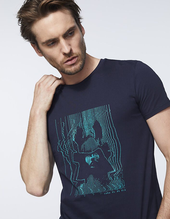 Men’s dark blue robot-face-striped T-shirt - IKKS