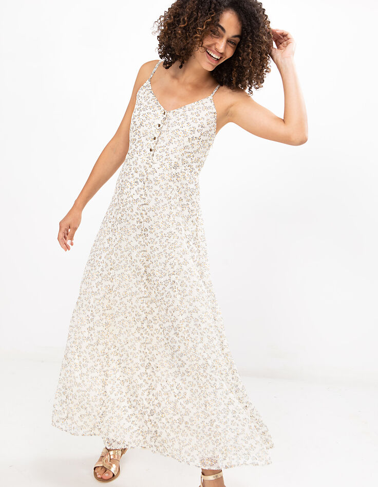 Robe longue fines bretelles imprimé feuilles Icode-1