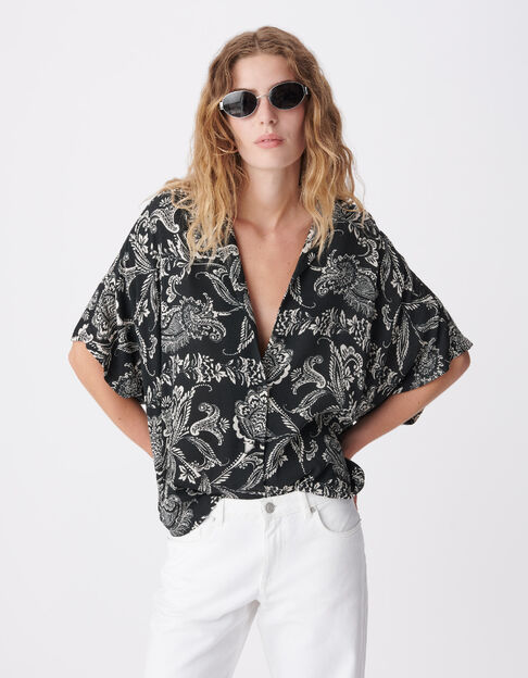 Zwart vloeiend damesshirt met barokke bloemenprint - IKKS