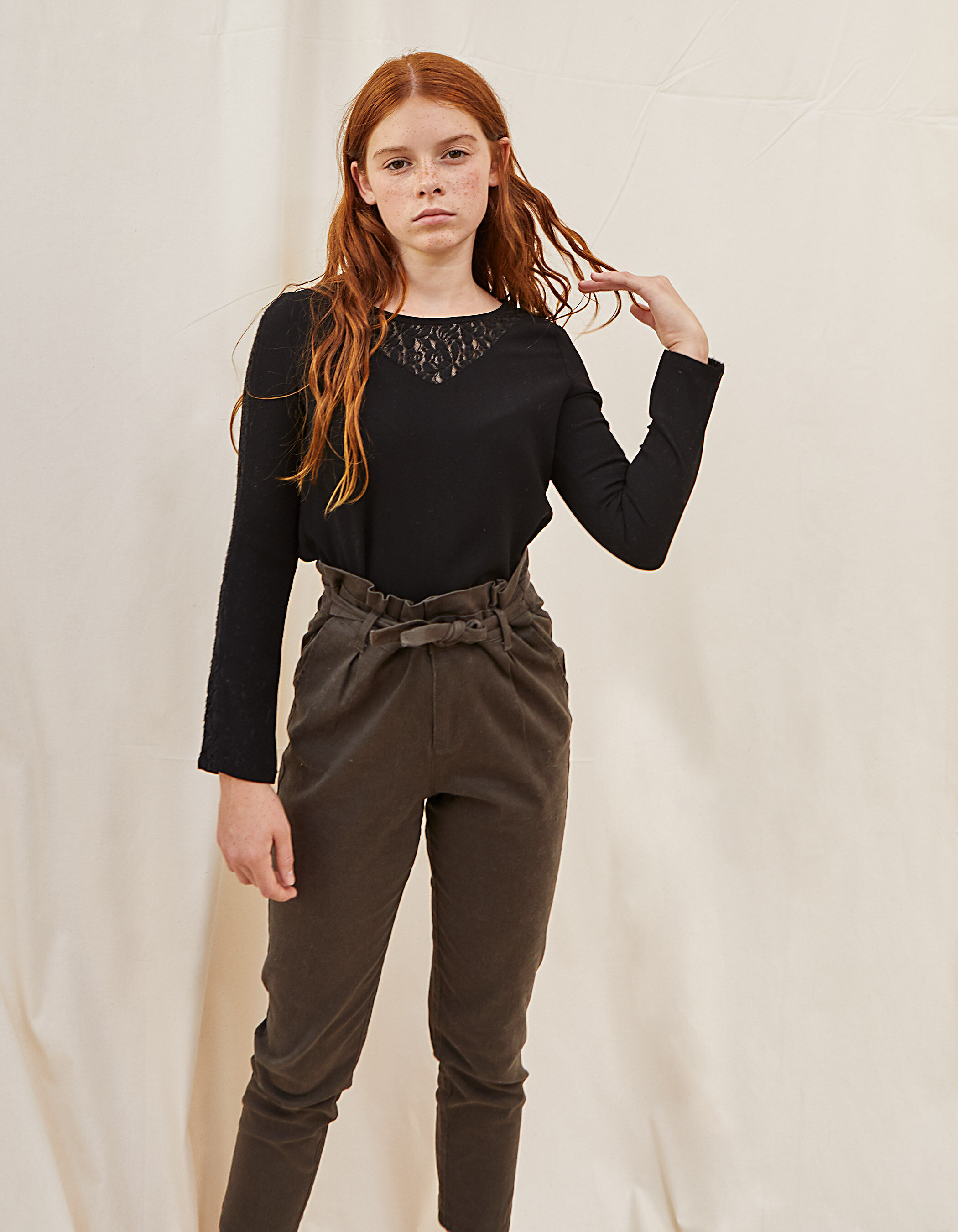 Pantalon paper bag kaki ceinture a nouer fille IKKS