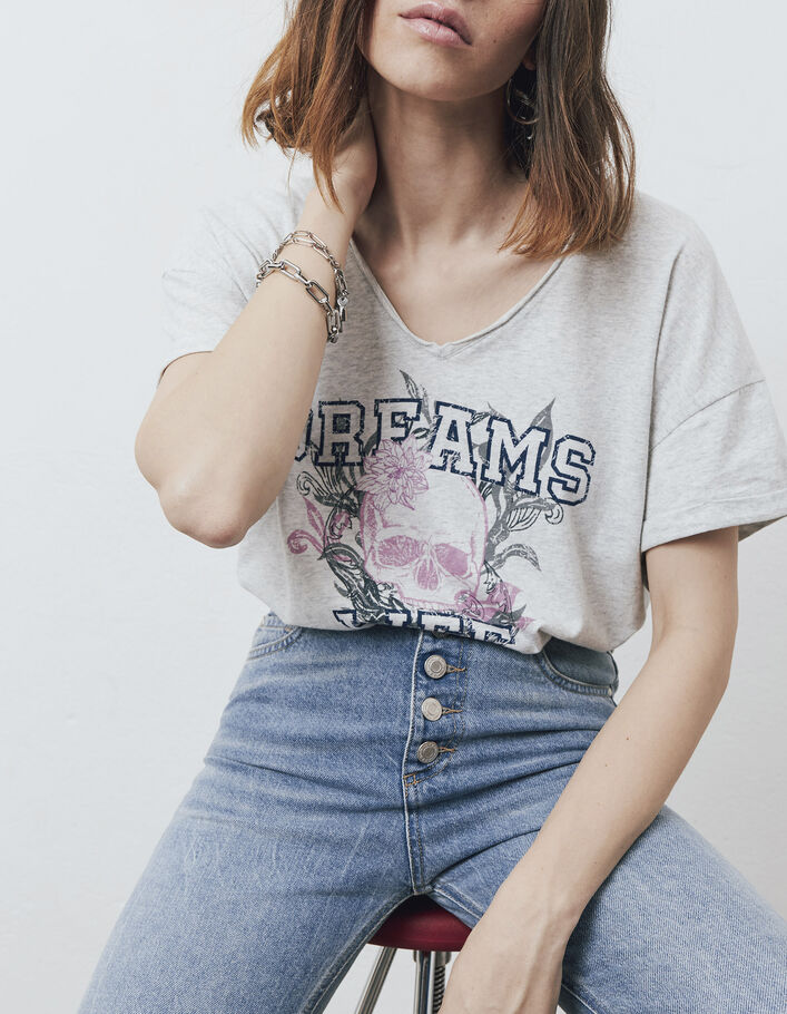 Camiseta algodón gris jaspeado calavera mujer-1
