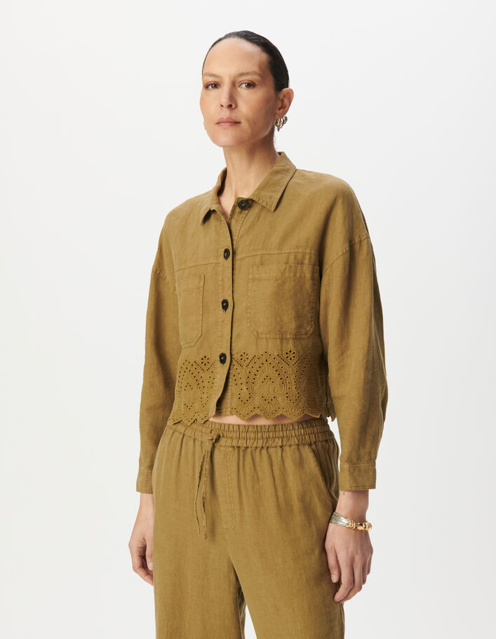 Women's khaki embroidered linen short shirt IKKS