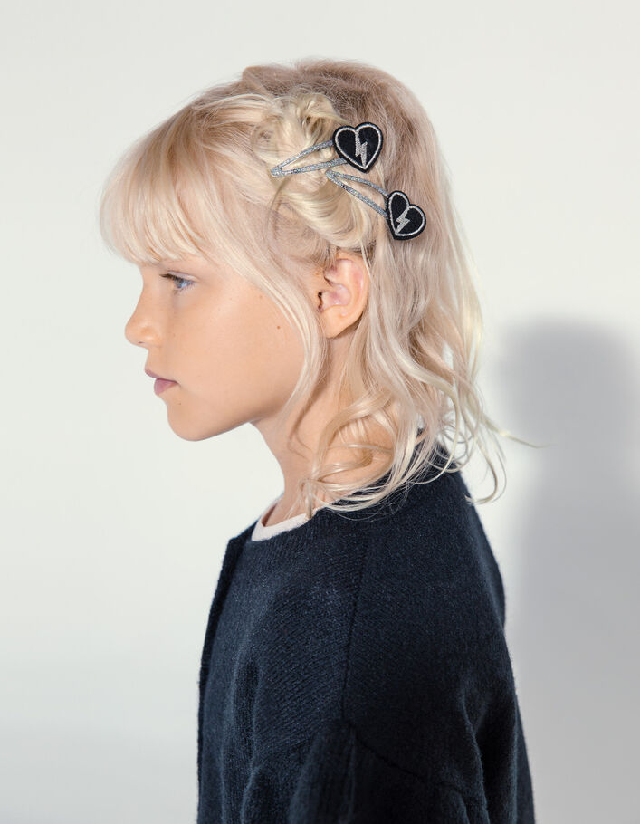 Girls' black star and silver heart hair clips