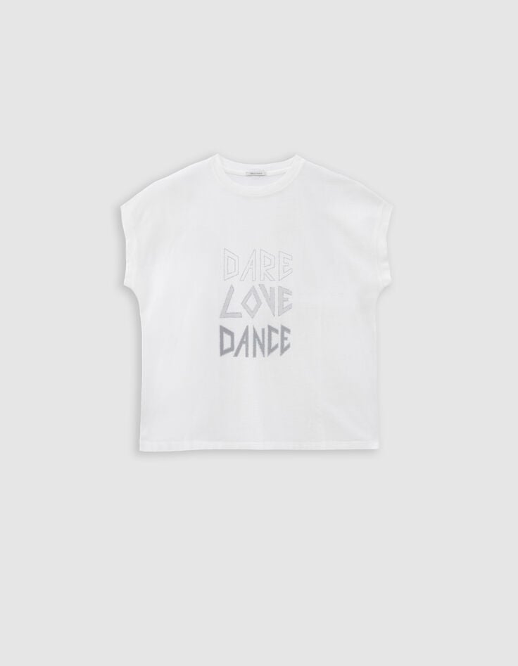 Tee-shirt col rond blanc message contours paillet&eacute;s-5