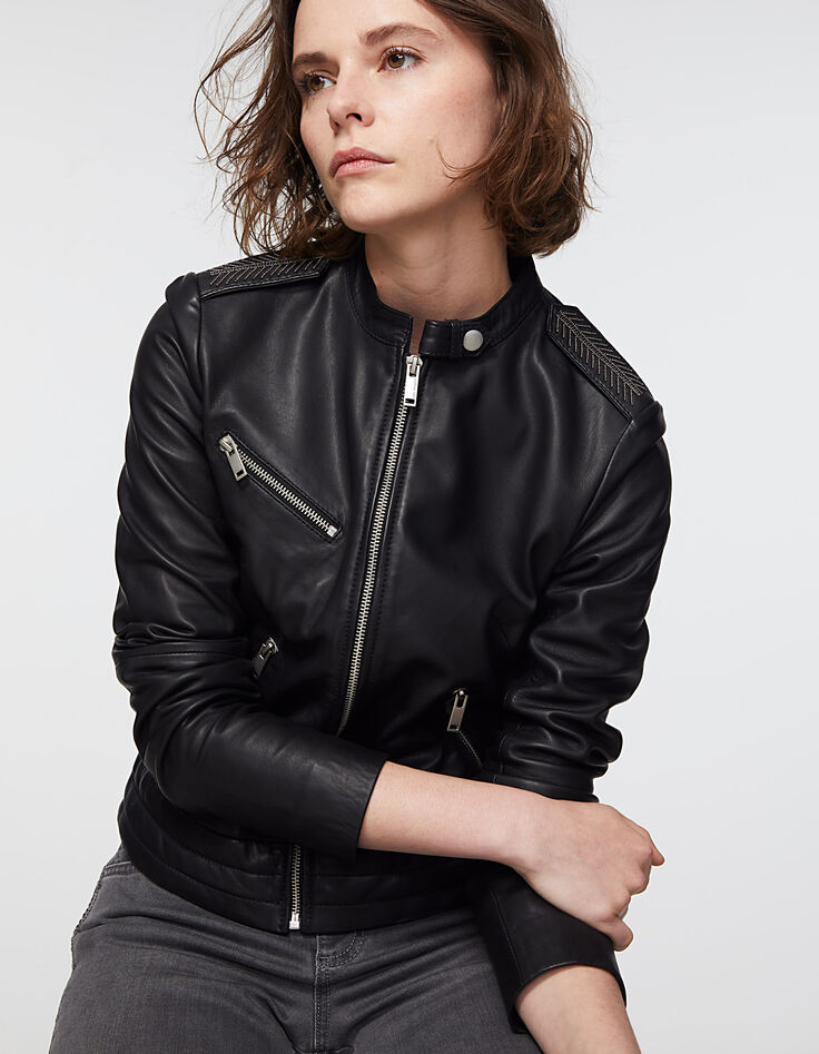 Women’s black beaded shoulder lambskin jacket-1