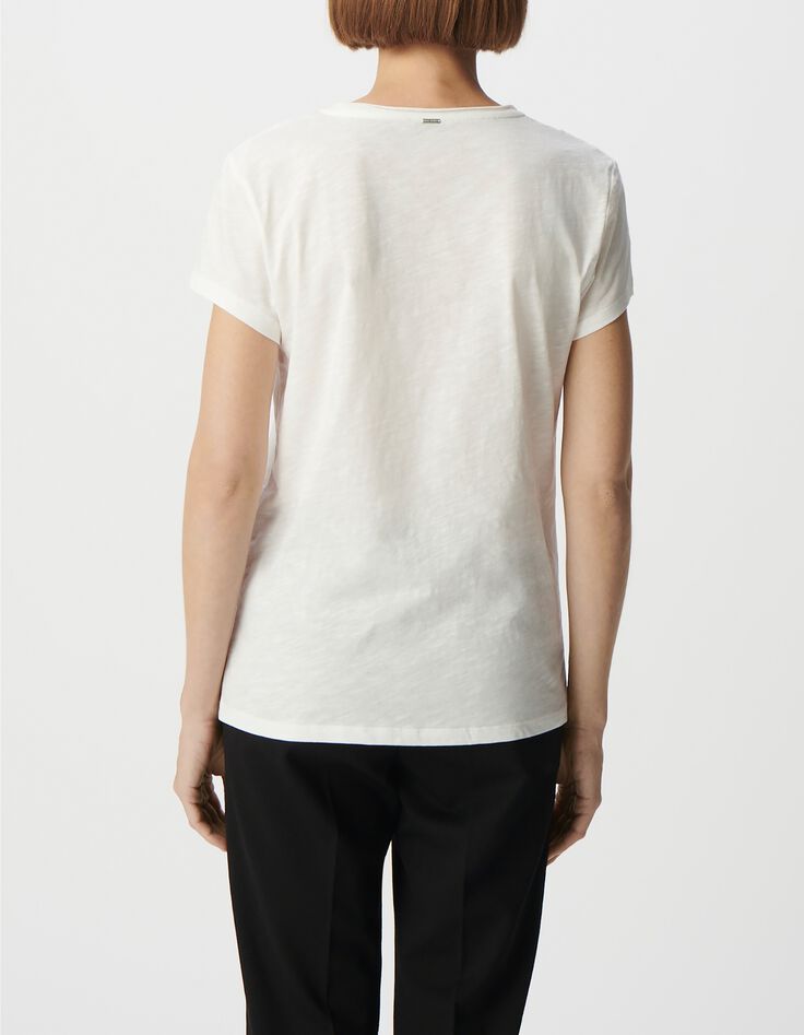 Tee-shirt col V blanc coton bio broderie t&ecirc;te de mort Femme-3