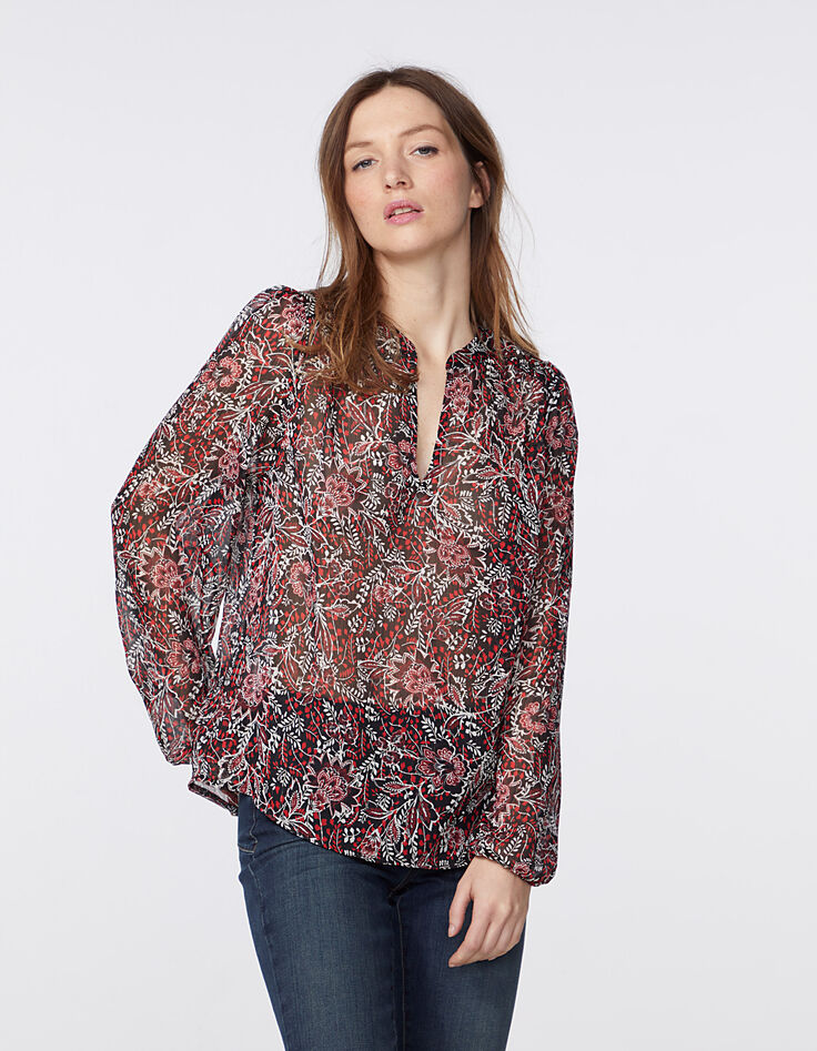 Voile blouse rode metallic bloemenprint dames-2