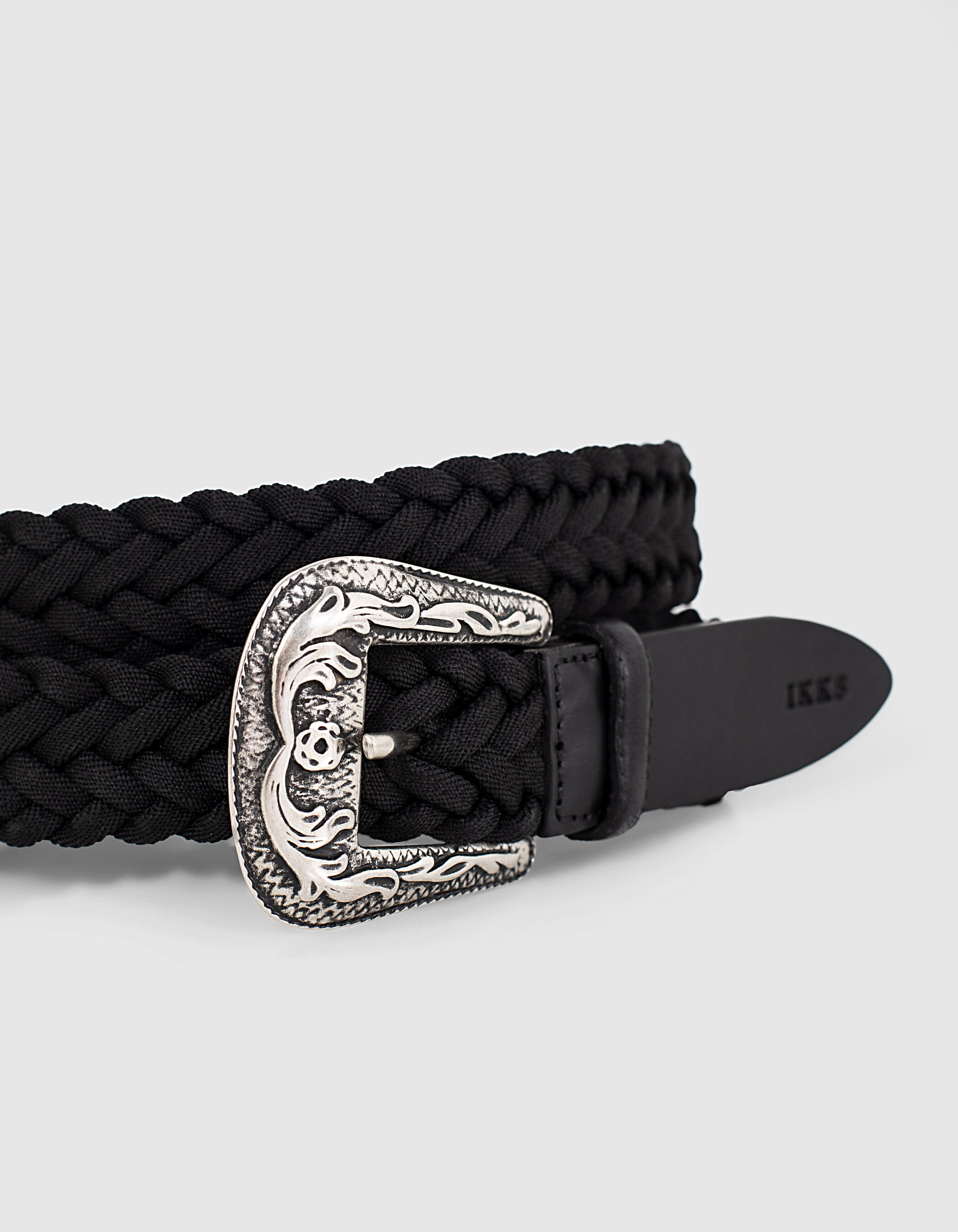 black woven belt with Western-style buckle
