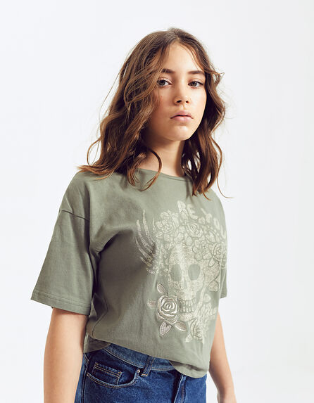 T-shirt Fille IKKS - Taille 8 Ans - Couleur Kaki/olive - Occasion Très Bon état