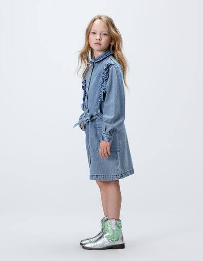 Vestido vaquero azul cinturón volantes niña - IKKS