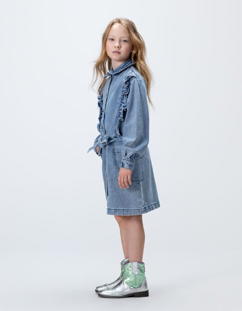 Vestido vaquero azul cinturón volantes niña - IKKS