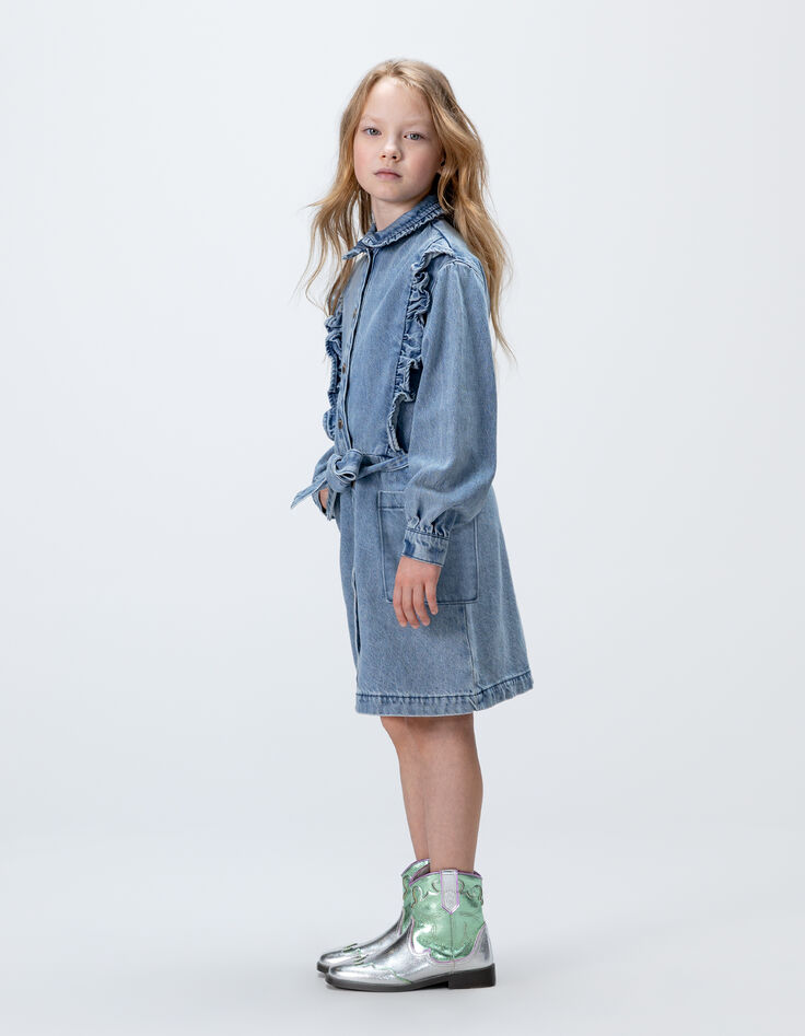 Girls’ blue denim belted dress with ruffled details-1 Girls’ blue denim belted dress with ruffled details-1