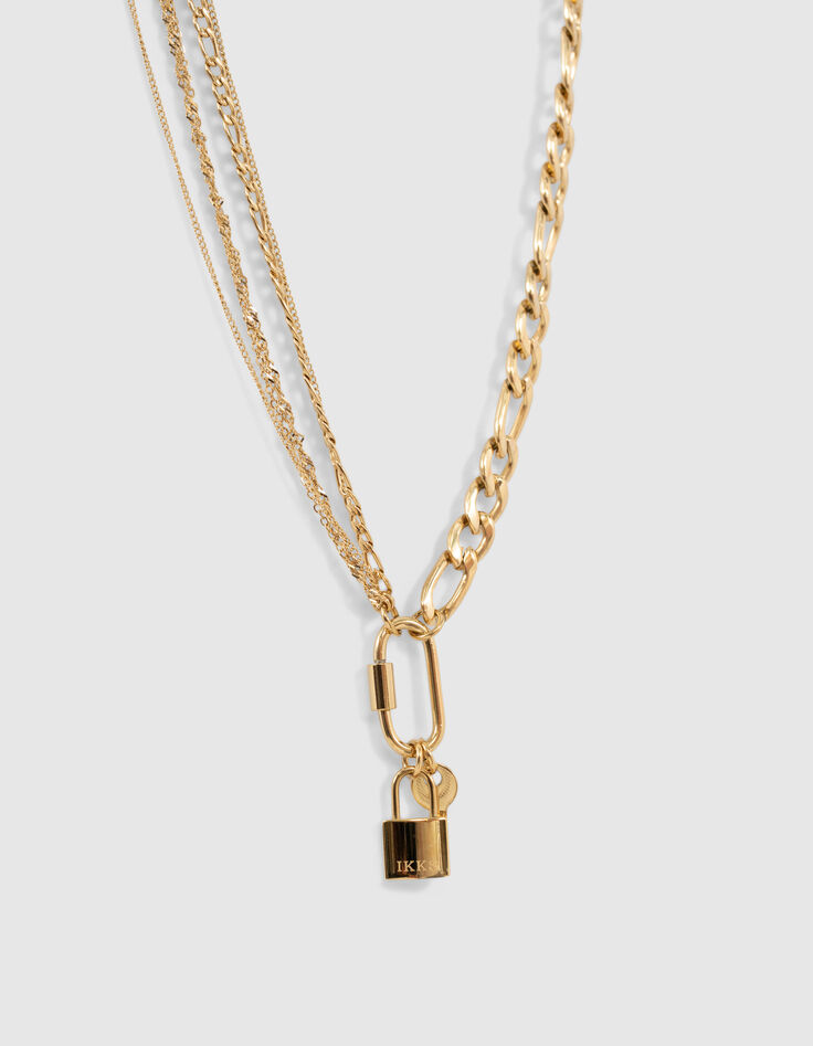 Collar largo mezcla cadenas candados y llaves dorado mujer-2