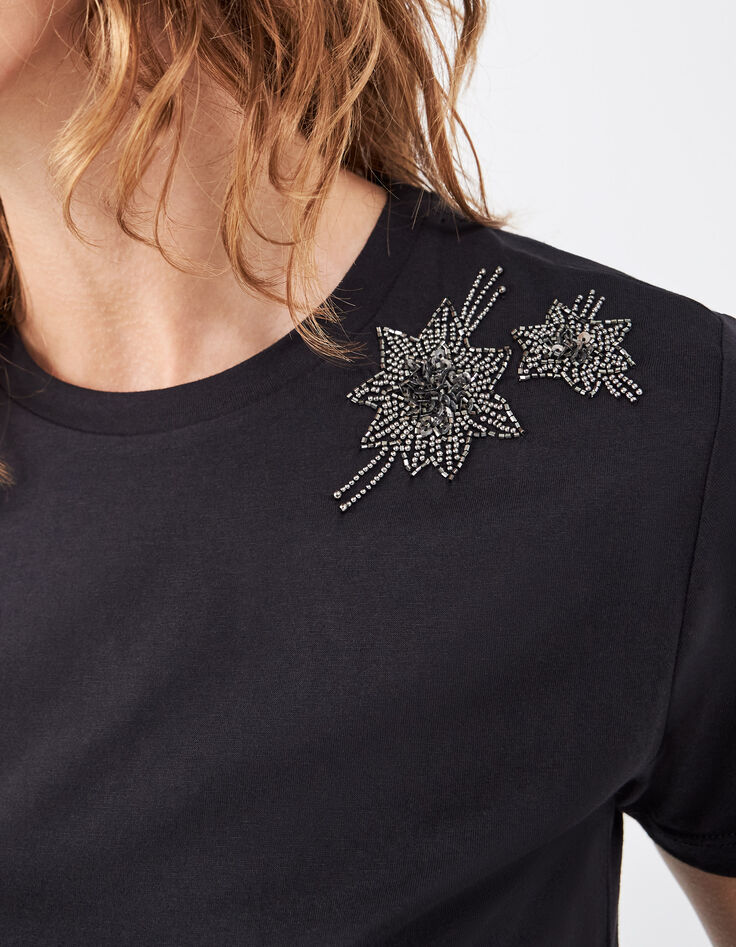 Tee-shirt en coton noir broderie étoiles épaules femme-4