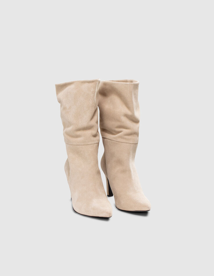 Boots à talon craie cuir velours à revers Femme-2 Boots à talon craie cuir velours à revers Femme-2