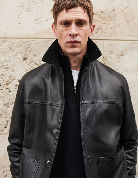 Men’s black leather jacket with leather corduroy collar - IKKS