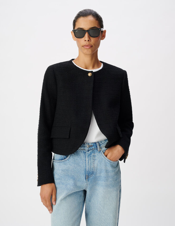 Veste carr&eacute;e noire effet tweed Femme-4
