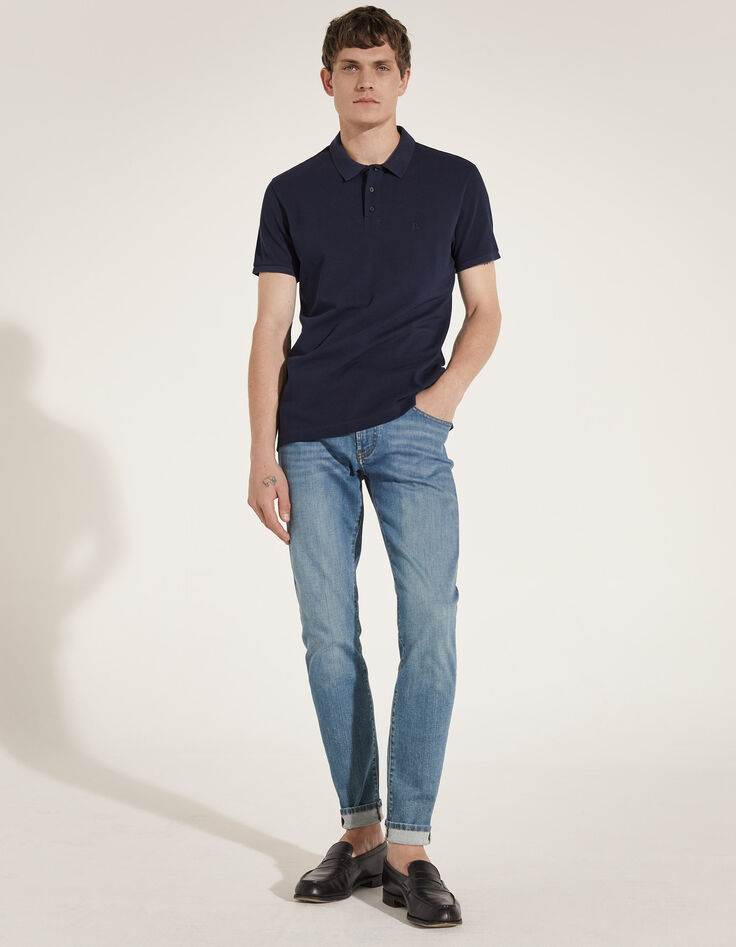 Men&rsquo;s navy mixed fabric polo shirt with jersey back-6
