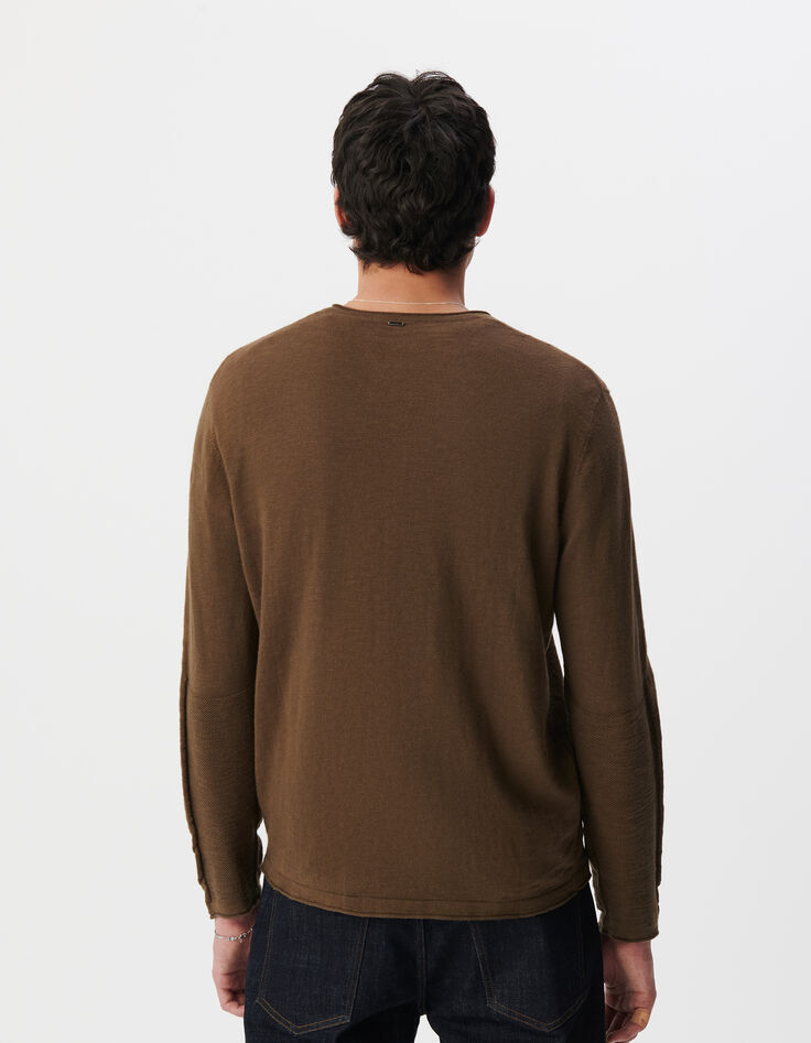 Herrenpullover, khaki, Biowolle, Feinstrick, Tunikakragen-3