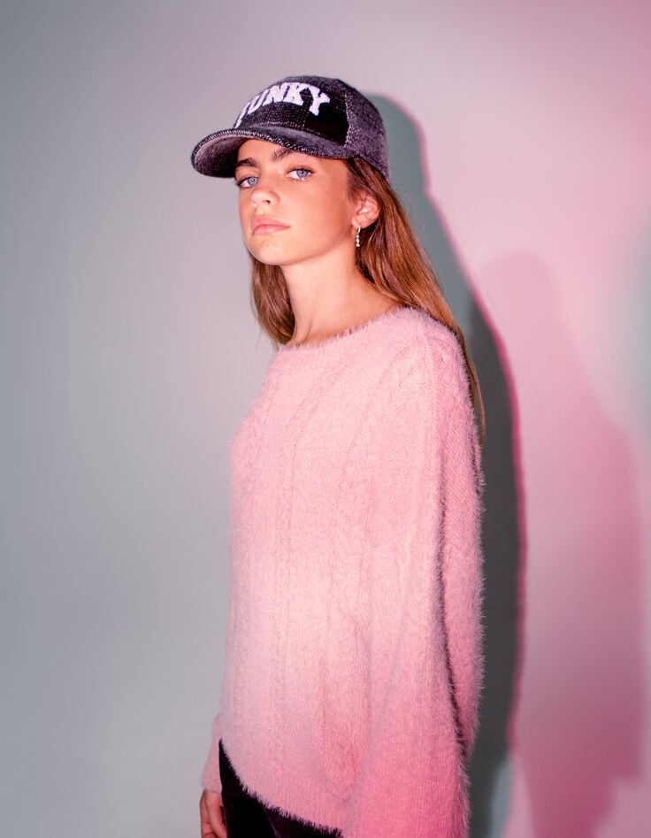 Puderrosa M&auml;dchenzopfstrickpullover-4