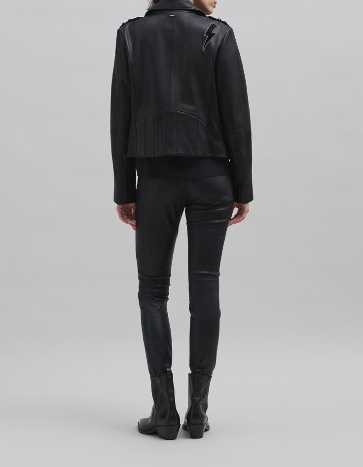 Veste cuir noir esprit motard broderie perle éclair Femme-7