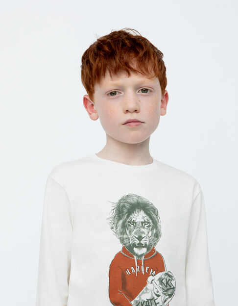 Cremeweißes Jungen-T-Shirt mit Skater-Löwen-Motiv
