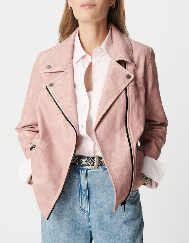 Blouson rose cuir délavé esprit motard Femme-7