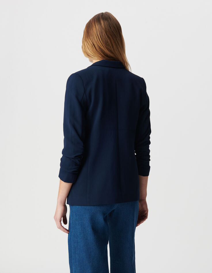 Mujer chaqueta de traje azul marino con manga 3/4 fruncida-4