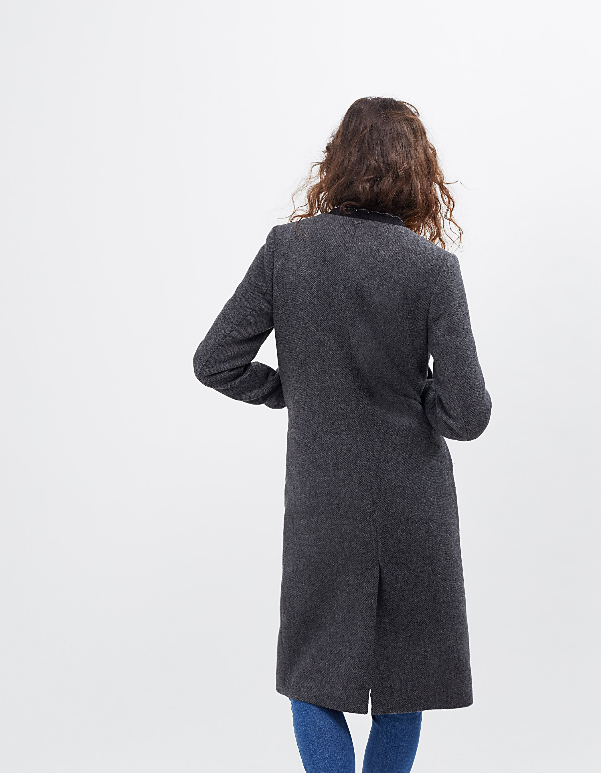 Manteau long gris anthracite chine a col bord cote I.Code