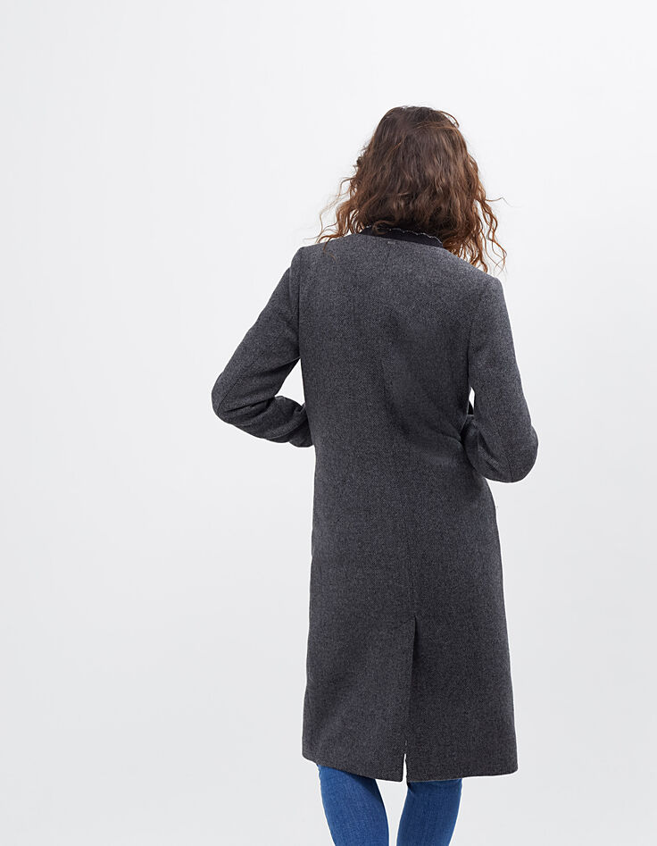 I.Code grey anthracite marl long coat with rib trim collar-3