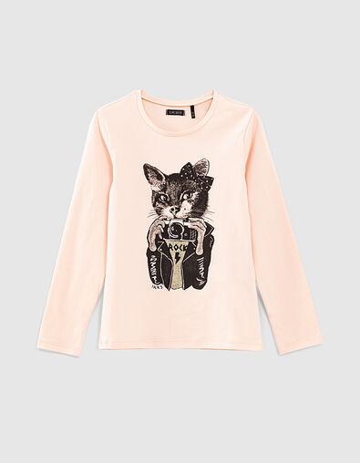 Girls' pink cat-photographer image T-shirt - IKKS