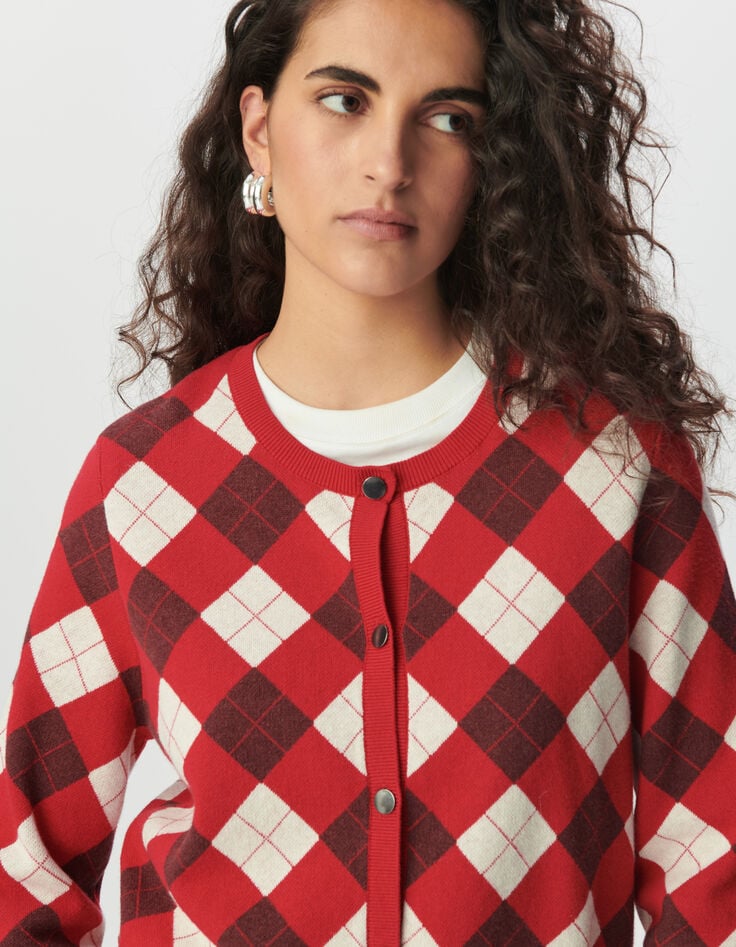 Women’s red diamond jacquard knit cardigan-4 Women’s red diamond jacquard knit cardigan-4