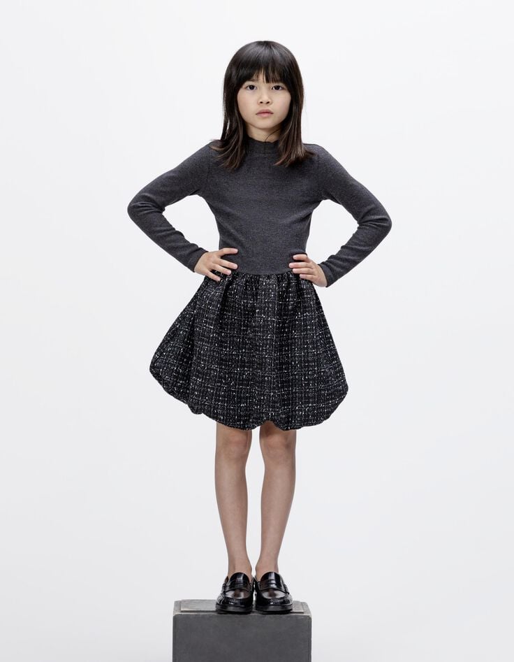 Girls’ black tweed-look mixed-fabric dress-1 Girls’ black tweed-look mixed-fabric dress-1