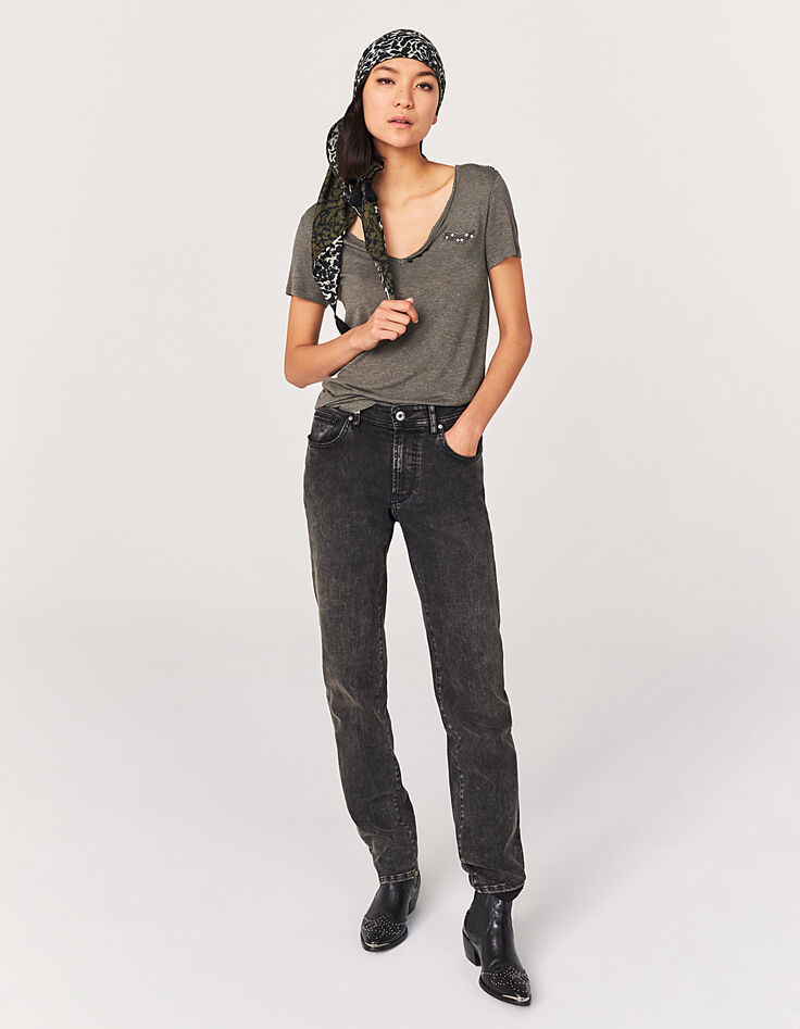 Kaki metallic T-shirt in viscose parels dames-6