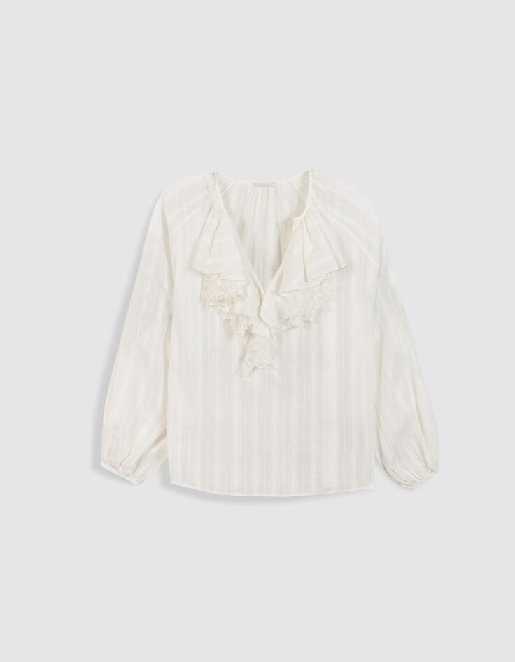 Witte vloeiende damesblouse met kanten ruches-6