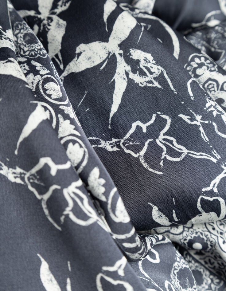 Women's grey blue satin long dress with scarf print-6
