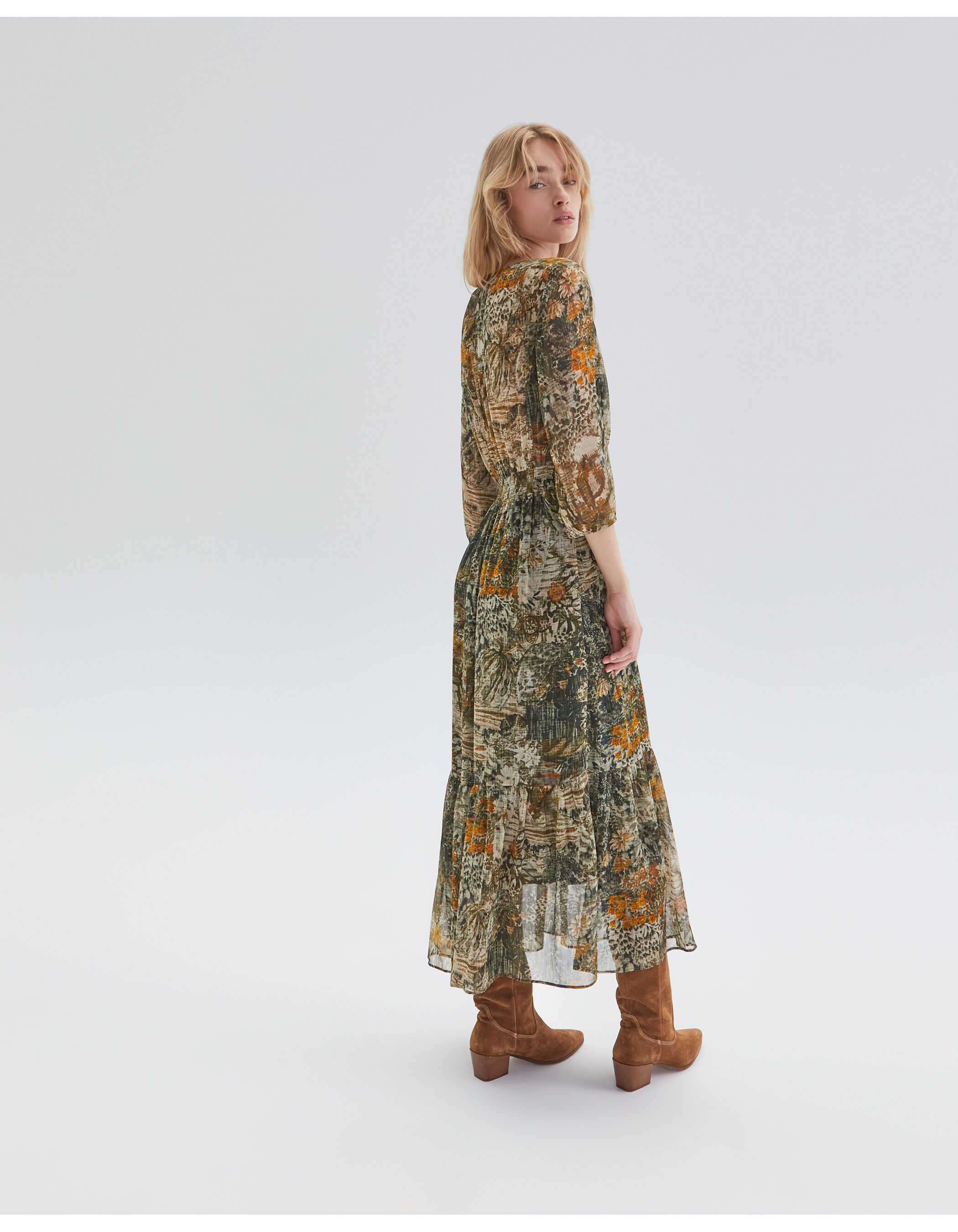 Robe longue kaki imprim paysage Femme