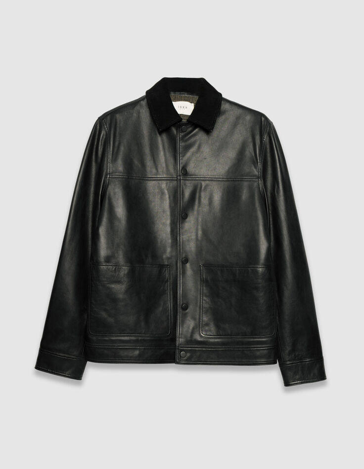Schwarze Herrenjacke Leder Rippkragen-6
