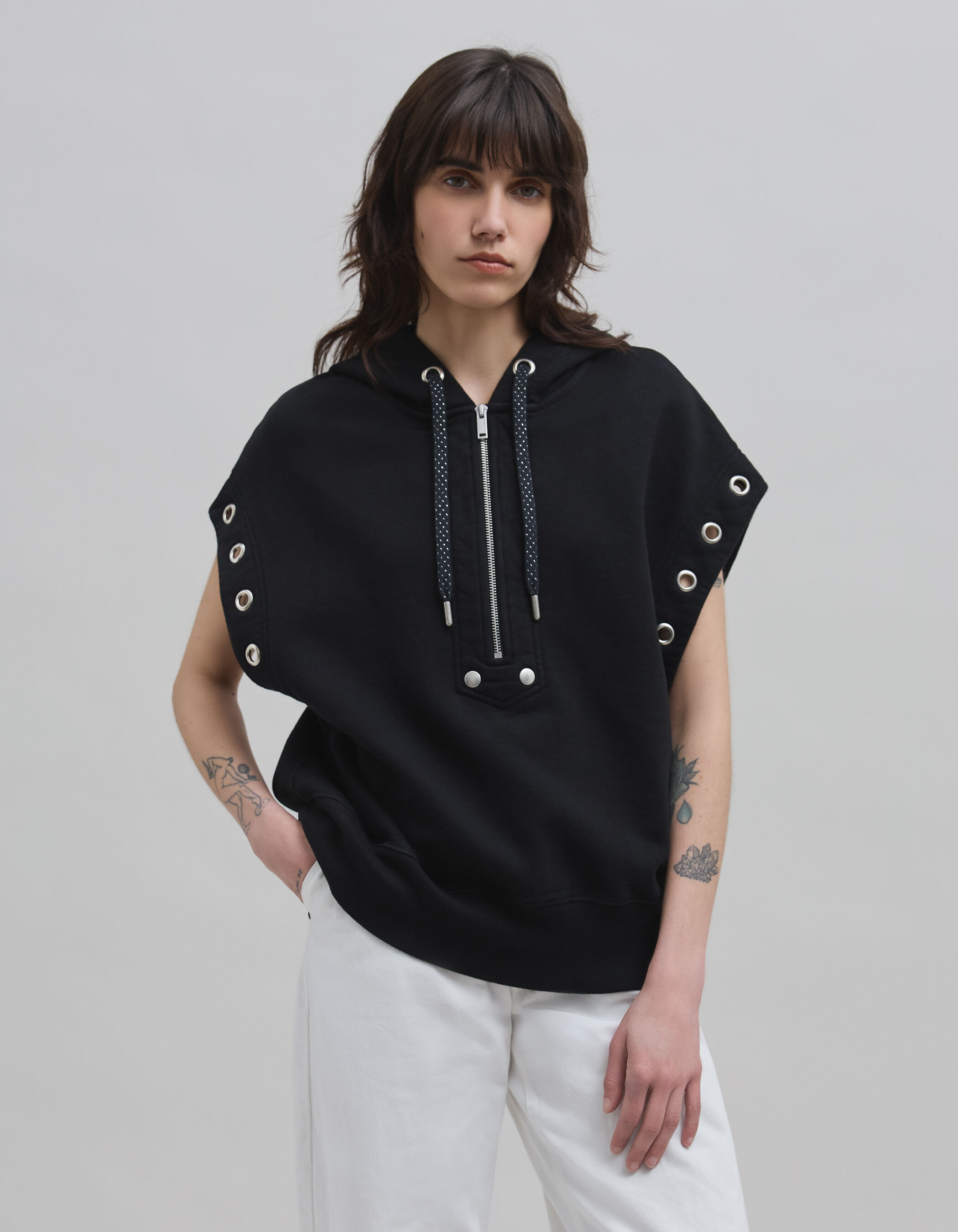 Sweat noir sans manches oversize en coton molleton Femme IKKS