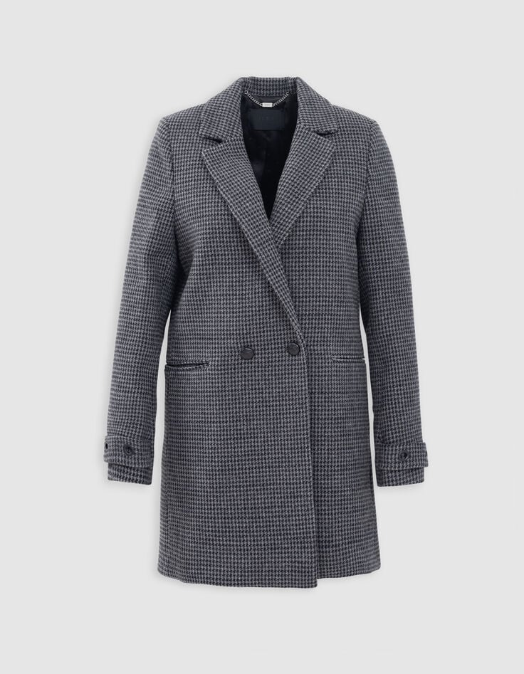 Zwarte rechte jas met houndstoothmotief voor dames-1 Zwarte rechte jas met houndstoothmotief voor dames-1