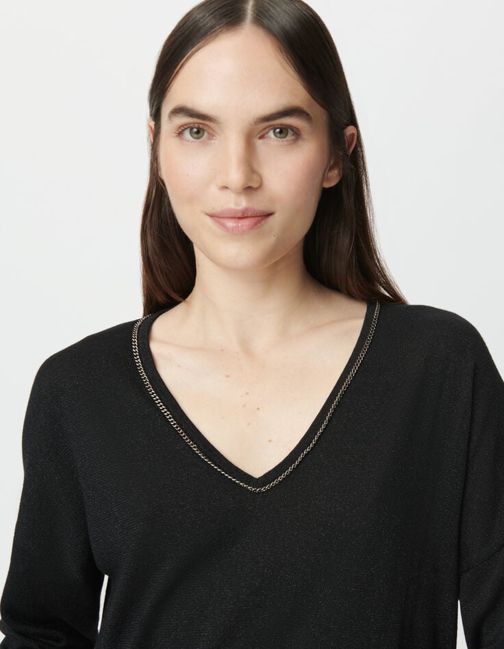 Pull noir tricot fin lurex encolure bijou Femme-5 Pull noir tricot fin lurex encolure bijou Femme-5
